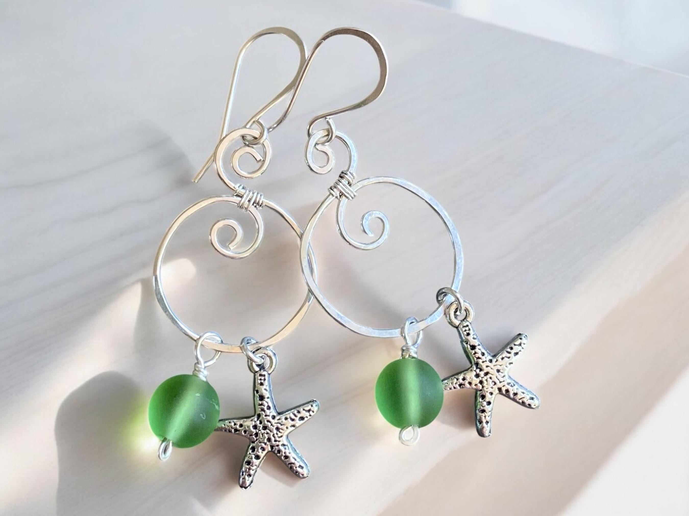 Spiral Sea Glass Earrings with Starfish Silver Charm, Spiral Dangle Earrings, Spiral Green Sea Glass Nautical Earrings, Ocean Theme Earrings