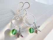 Spiral Sea Glass Earrings with Starfish Silver Charm, Spiral Dangle Earrings, Spiral Green Sea Glass Nautical Earrings, Ocean Theme Earrings