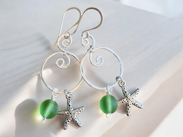 Spiral Sea Glass Earrings with Starfish Silver Charm, Spiral Dangle Earrings, Spiral Green Sea Glass Nautical Earrings, Ocean Theme Earrings