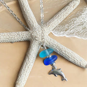 Dolphin Charm Sea Glass Necklace, Beach Glass Pendent with Dolphin charm Jewelry, Gift Idea for Ocean Theme Coastal Style Marine Jewelry