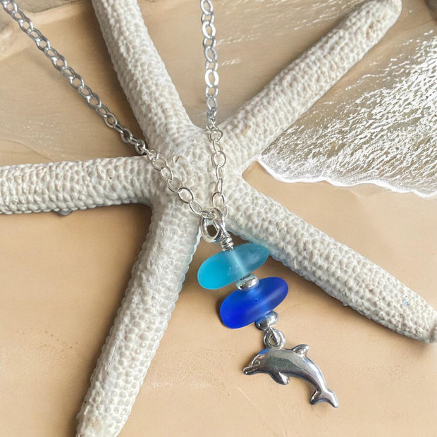 Dolphin Charm Sea Glass Necklace, Beach Glass Pendent with Dolphin charm Jewelry, Gift Idea for Ocean Theme Coastal Style Marine Jewelry