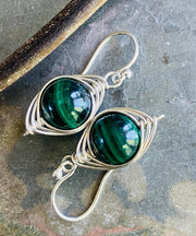May Birthstone Malachite Earrings in Gold, Hand Wire Wrapped Malachite Dangling Earrings in Natural Copper, Green Malachite Gold Jewelry,