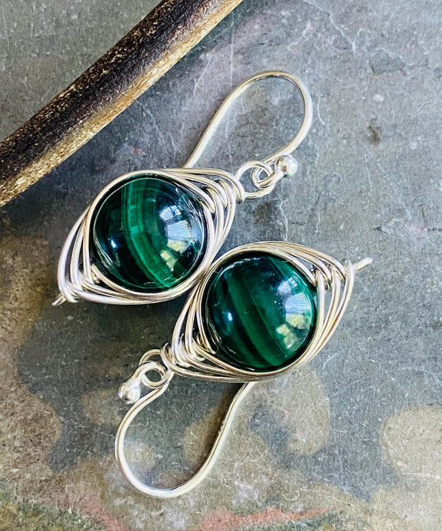 May Birthstone Malachite Earrings in Gold, Hand Wire Wrapped Malachite Dangling Earrings in Natural Copper, Green Malachite Gold Jewelry,