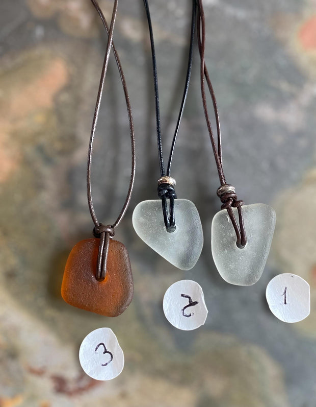Sea Glass Pendant in Leather & Sterling Silver Beads, Surfer Gifts for Men, Beach Lovers Necklace, Beach Glass Necklace,