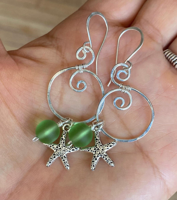 Spiral Sea Glass Earrings with Starfish Silver Charm, Spiral Dangle Earrings, Spiral Green Sea Glass Nautical Earrings, Ocean Theme Earrings