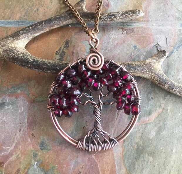 Garnet Necklace in Copper,Garnet tree of Life Necklace,Wire Wrapped Garnet Tree of Life,January Birthstone Tree of Life Jewelry, Red Garnet