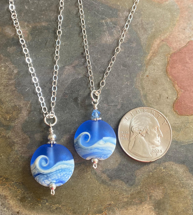 Wave Lampwork  Necklace in .925 Sterling Silver, Ocean Wave Necklace, Blue Beach Wave Sea Glass Necklace, Nautical Sea Glass Jewelry for Her