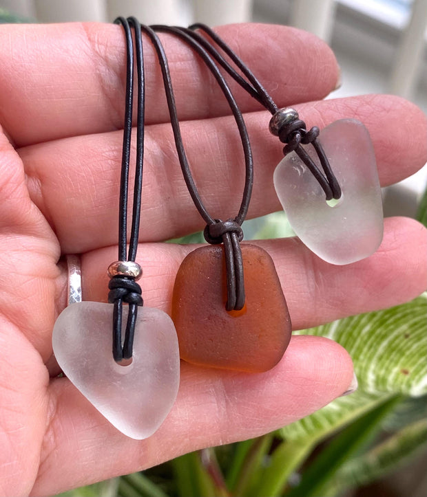 Sea Glass Pendant in Leather & Sterling Silver Beads, Surfer Gifts for Men, Beach Lovers Necklace, Beach Glass Necklace,