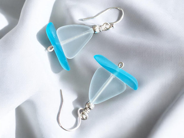 Nautical White Sea Glass Sailboat Necklace & Earring SET in Sterling Silver, Ocean-Inspired Beach Glass Sailboat Necklace and Earring SET,
