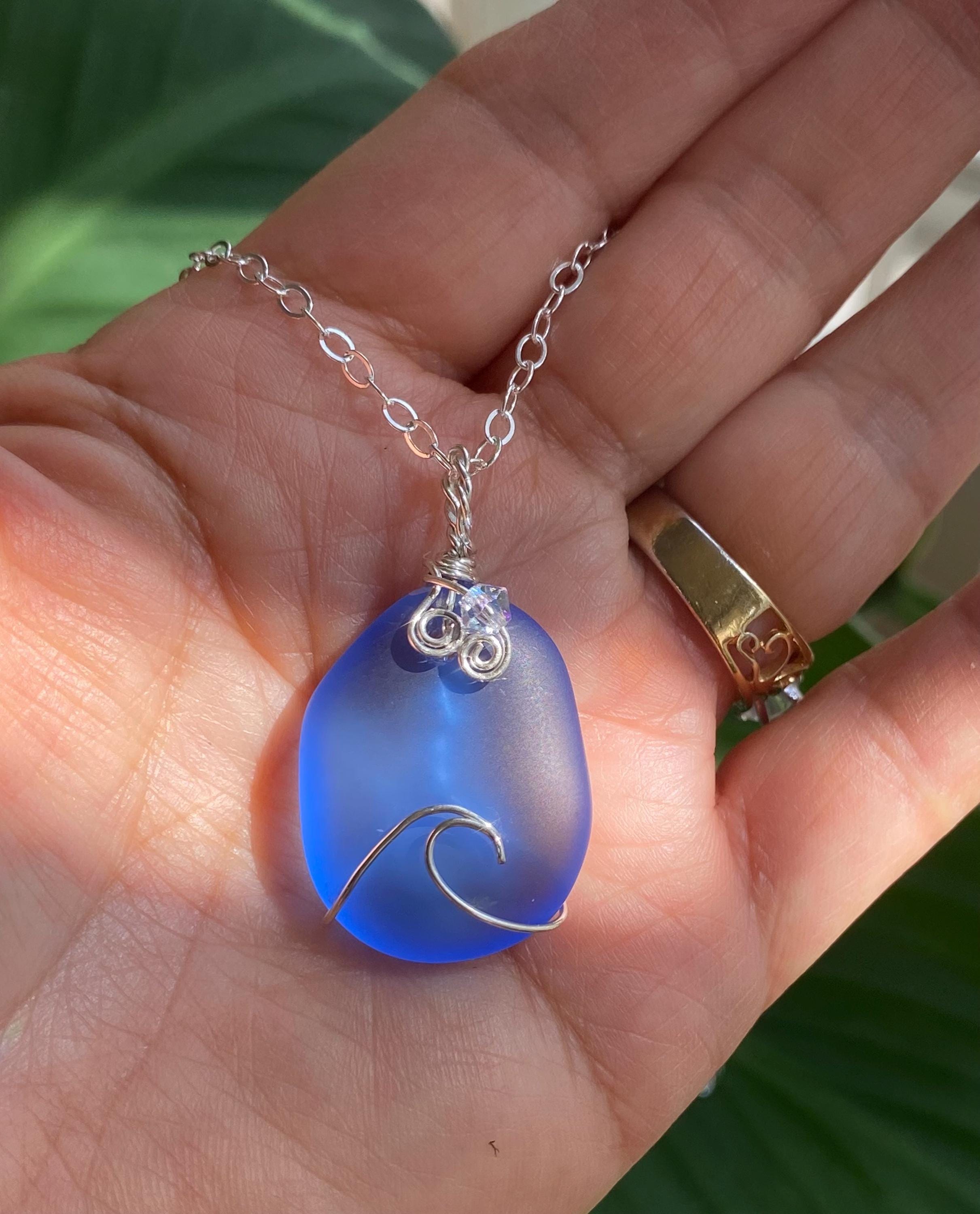 Blue Wave Necklace, Blue Sea Glass Wave necklace, Seaglass Pendant Wave Design Sterling Silver Wire Necklace,Beach Style Ocean Wave Swirl