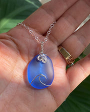 Blue Wave Necklace, Blue Sea Glass Wave necklace, Seaglass Pendant Wave Design Sterling Silver Wire Necklace,Beach Style Ocean Wave Swirl