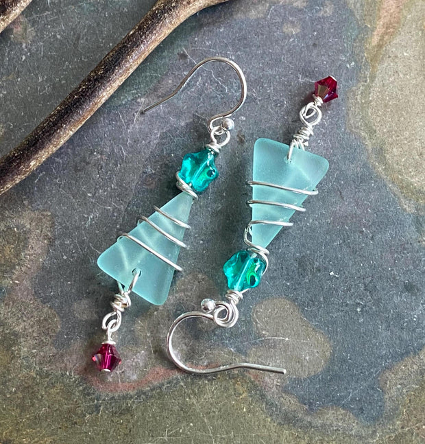 Christmas Tree Earrings, Sea Glass Tree Dangling Earrings, Holiday tree Earrings,