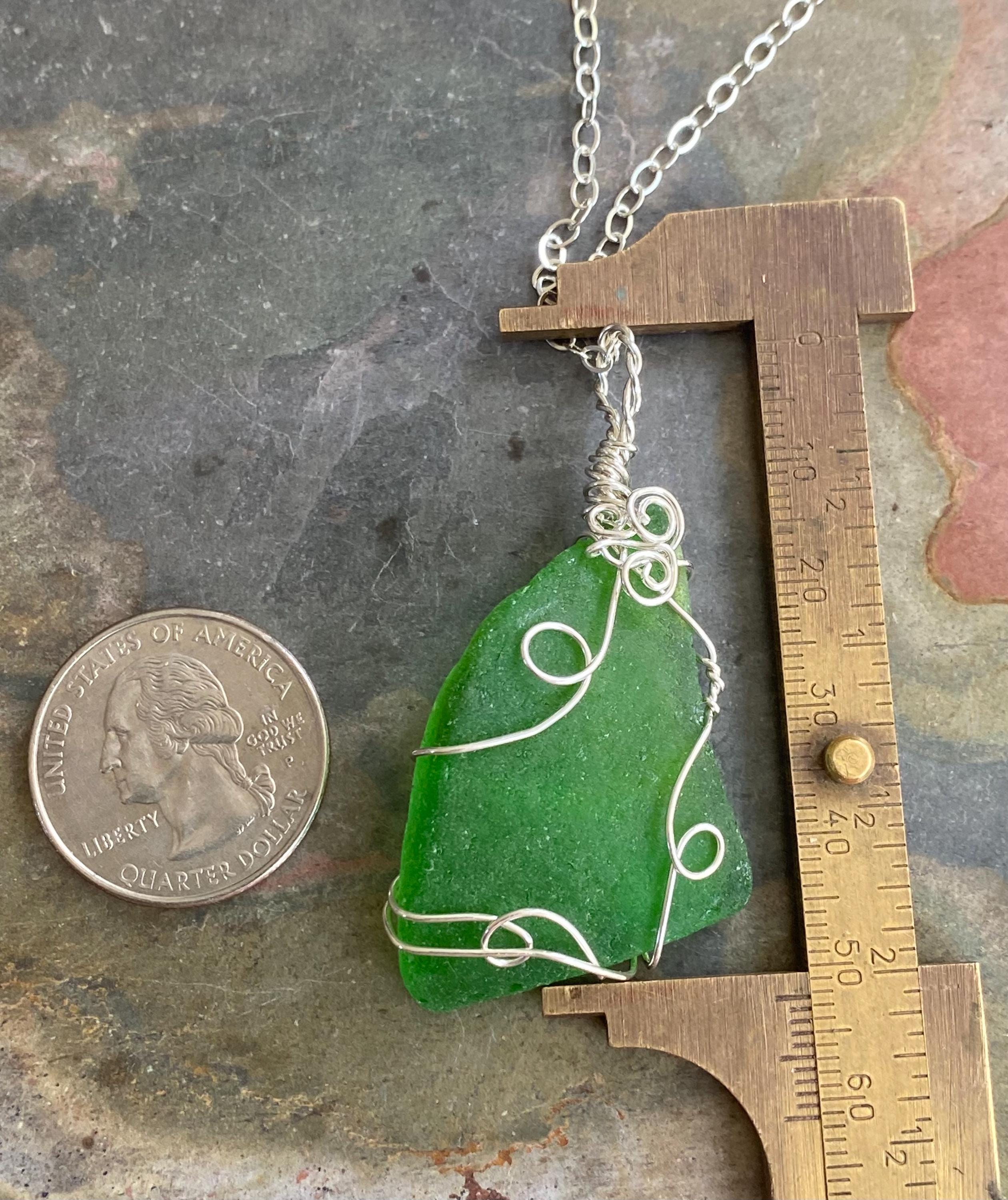 Green Beach Glass Necklace in Sterling Silver, Wire Wrapped Genuine Green Beach Glass Necklace, Sea Glass Jewelry, Ocean Treasure Necklace