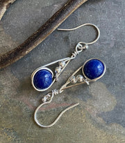 Fancy Swirl Lapis Lazuli Earrings in Sterling Silver, September Birthstone Earrings, Lapis Jewelry, Blue Lapis Dangling Earrings,