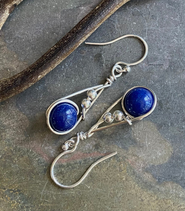 Fancy Swirl Lapis Lazuli Earrings in Sterling Silver, September Birthstone Earrings, Lapis Jewelry, Blue Lapis Dangling Earrings,