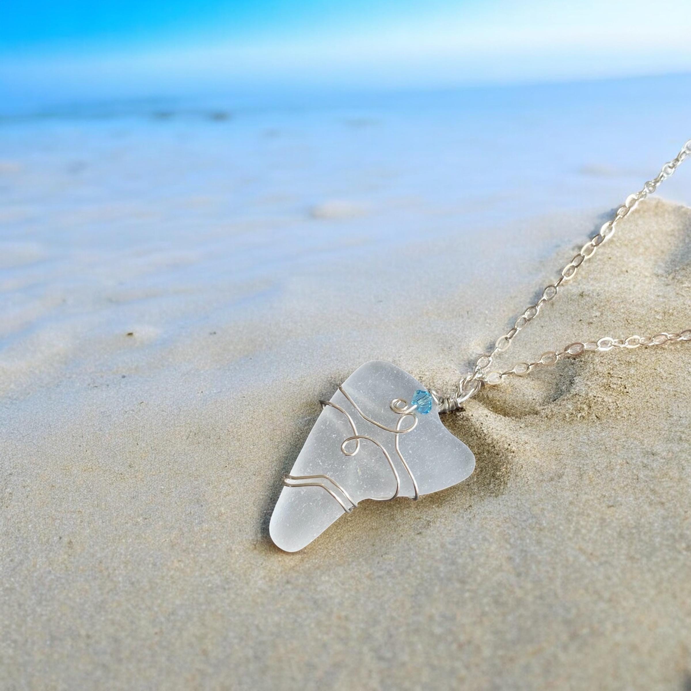 Genuine White Beach Glass Necklace, Wire Wrapped Naturally Tumbled Sea Glass Necklace, White Sea Glass Pendant Necklace in Sterling Silver