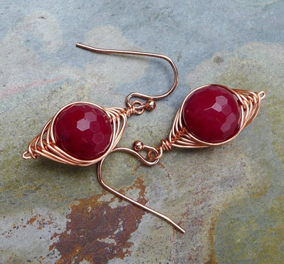 Jade Earrings in Copper, Wire Wrapped Earrings, Red Jade Herringbone Dangle Earrings in Copper, Red Jade Copper Earrings,