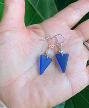 Blue Sea glass Triangle designed Earring in Sterling Silver, Wire Wrapped Sea Glass Earrings, Everyday Casual Dangling Blue Earrings,