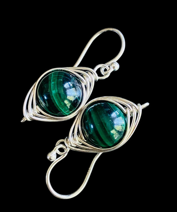May Birthstone Malachite Earrings in Gold, Hand Wire Wrapped Malachite Dangling Earrings in Natural Copper, Green Malachite Gold Jewelry,