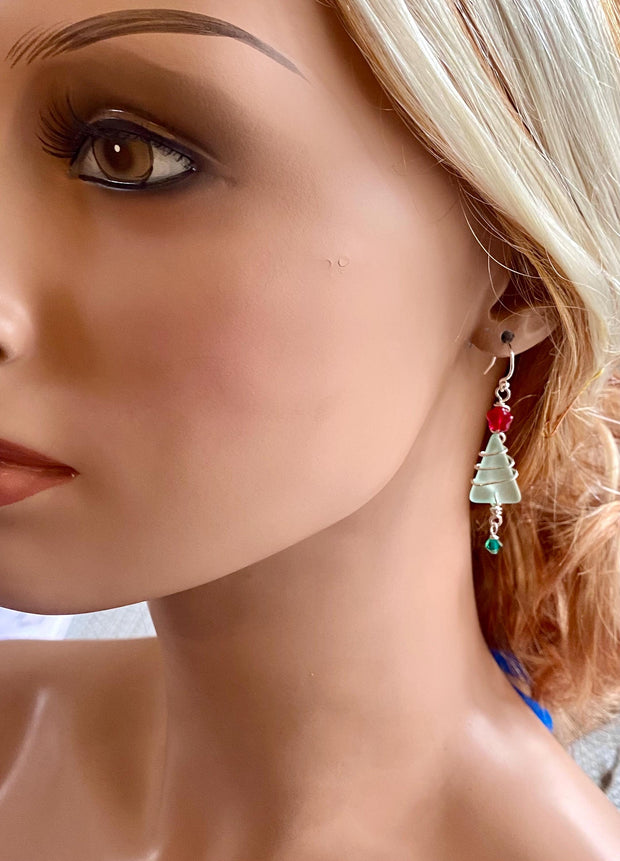 Christmas Tree Earrings, Sea Glass Tree Dangling Earrings, Holiday tree Earrings,