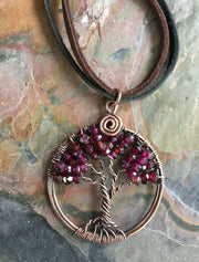 Garnet Necklace,Garnet tree of Life Necklace Antiqued Copper, Wire Wrapped   RHODOLITE GARNET Tree of Life, January Birthstone Tree of Life