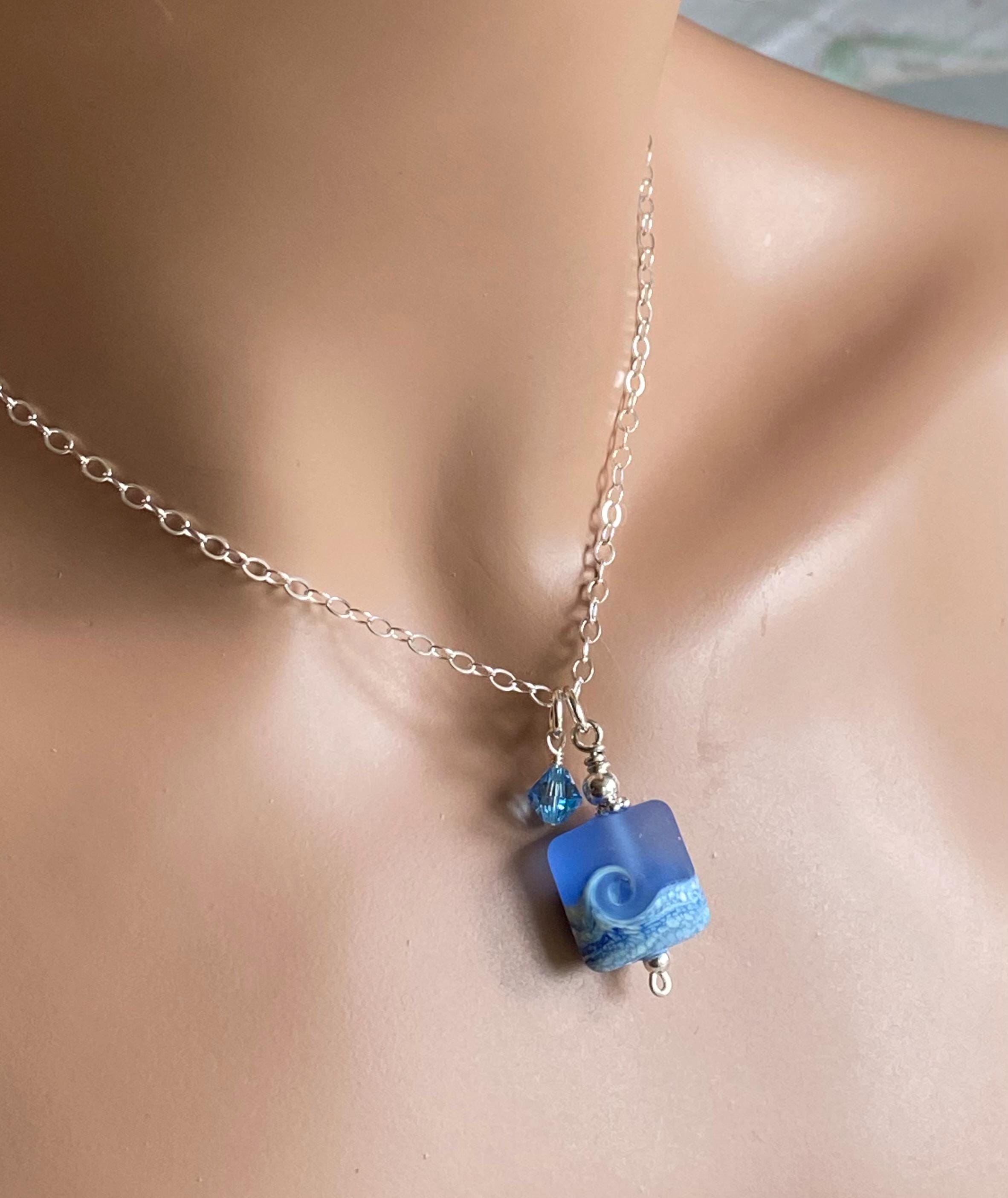 Ocean Beach Wave Necklace, Blue Beach Wave Necklace,Ocean Wave Lampwork Pendant, Beach Wave Jewelry, Blue Sea Glass Necklace sterling silver