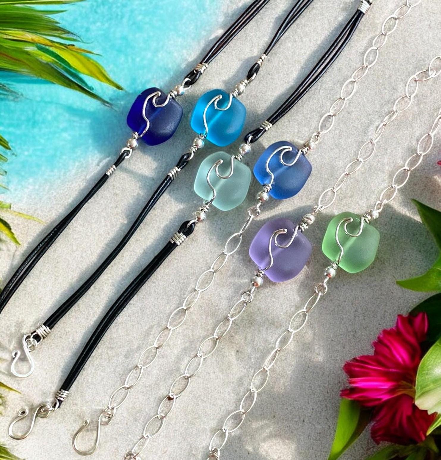 Sterling Silver & Leather Sea Glass Bracelet, Beach Glass Ocean Wave Bracelet, Ocean Wave Bracelet ,Beach Jewelry, Nautical Bracelet,