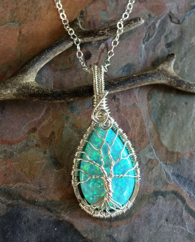 Aqua Blue Opal Necklace, Wire Wrapped Opal Tree of Life Necklace,