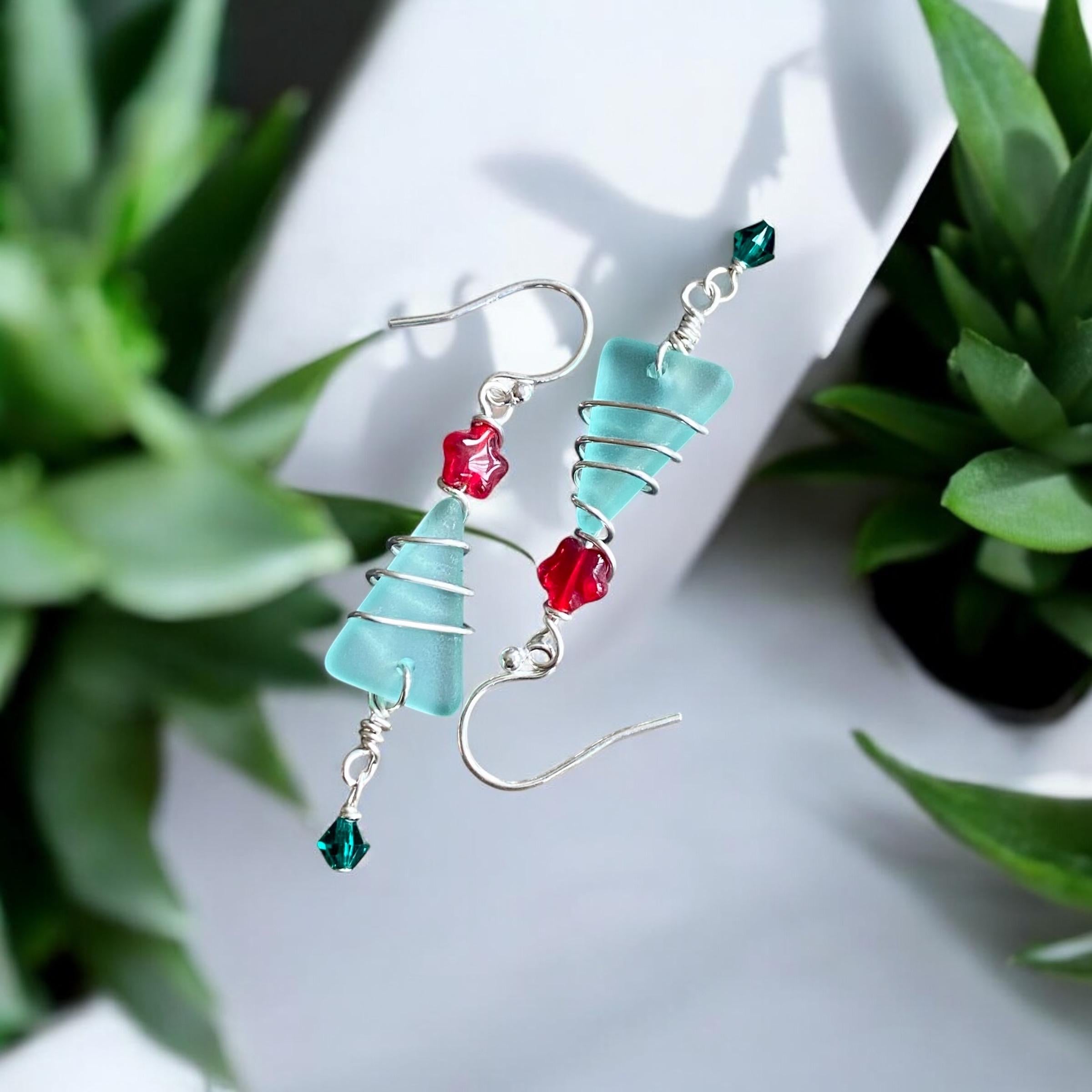 Christmas Tree Earrings, Sea Glass Christmas Dangle Earrings, Sterling Silver Holiday Christmas Earrings, Coastal Holiday Earrings