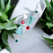 Christmas Tree Earrings, Seafoam Green Sea Glass Christmas Dangle Earrings,