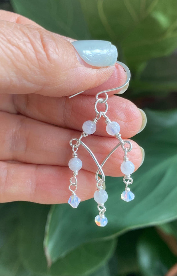 Moonstone Chandelier Earrings in Sterling Silver, Blue Flash Moonstone & Swarovski Crystal Dangles | Statement Bridal Earrings,
