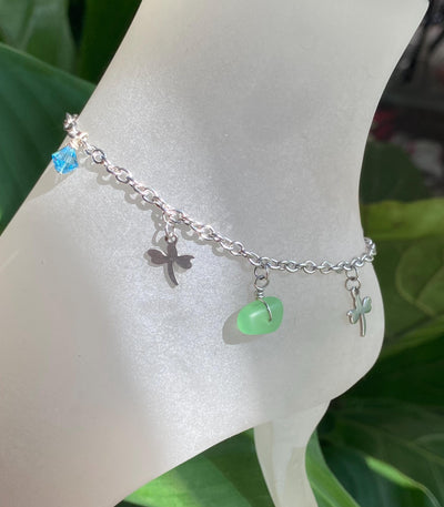Sea Glass Dragonfly Charm Ankle Bracelet, Blue Sea Glass Anklet, Beach Foot Jewelry, Summer Fashion Beach Ankle, Anklet Gift for All Ages
