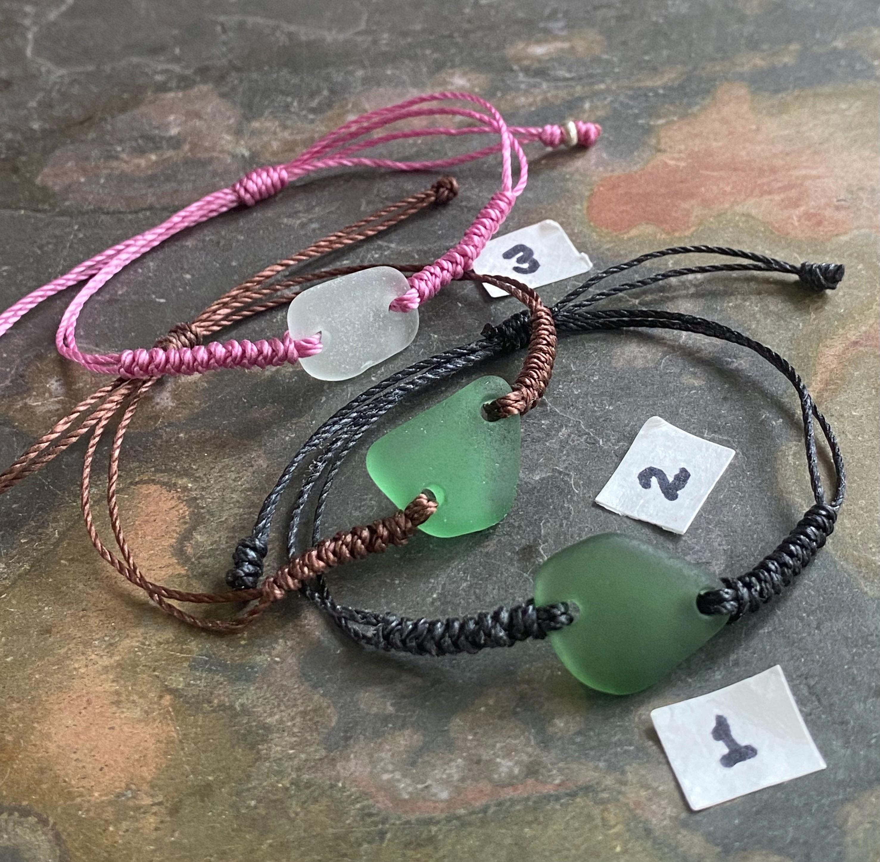 Handmade Macrame Sea Glass Bracelet, Hunter Green Sea Glass Bracelet, Adjustable Sea Glass Macrame Bracelets, Surfer's Sea Glass Bracelet
