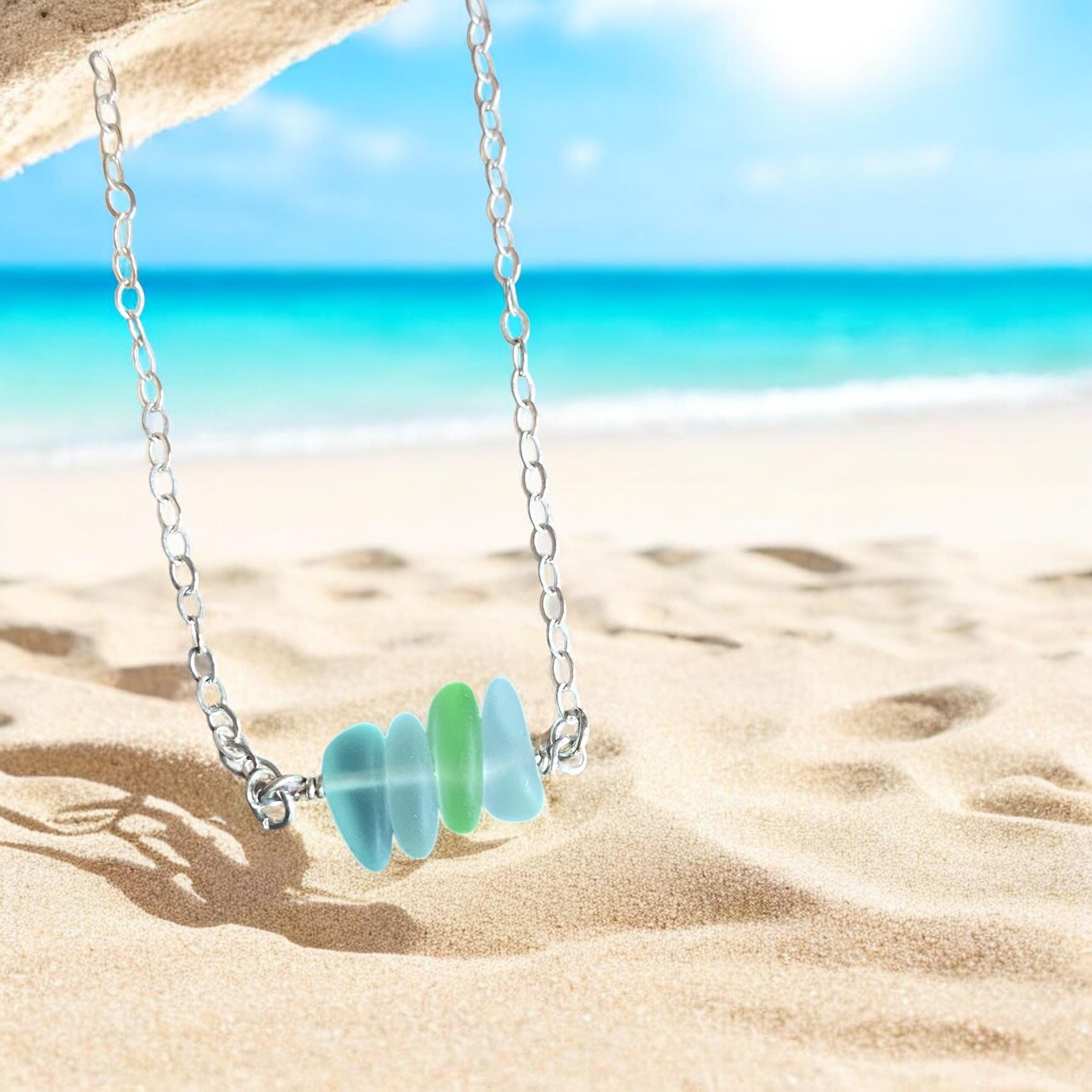 Sea Glass Necklace Beach Style Pendant with Sterling Silver Chain, Minimalist Design Ocean Light Weight Bohemian Necklace, Choose Colors