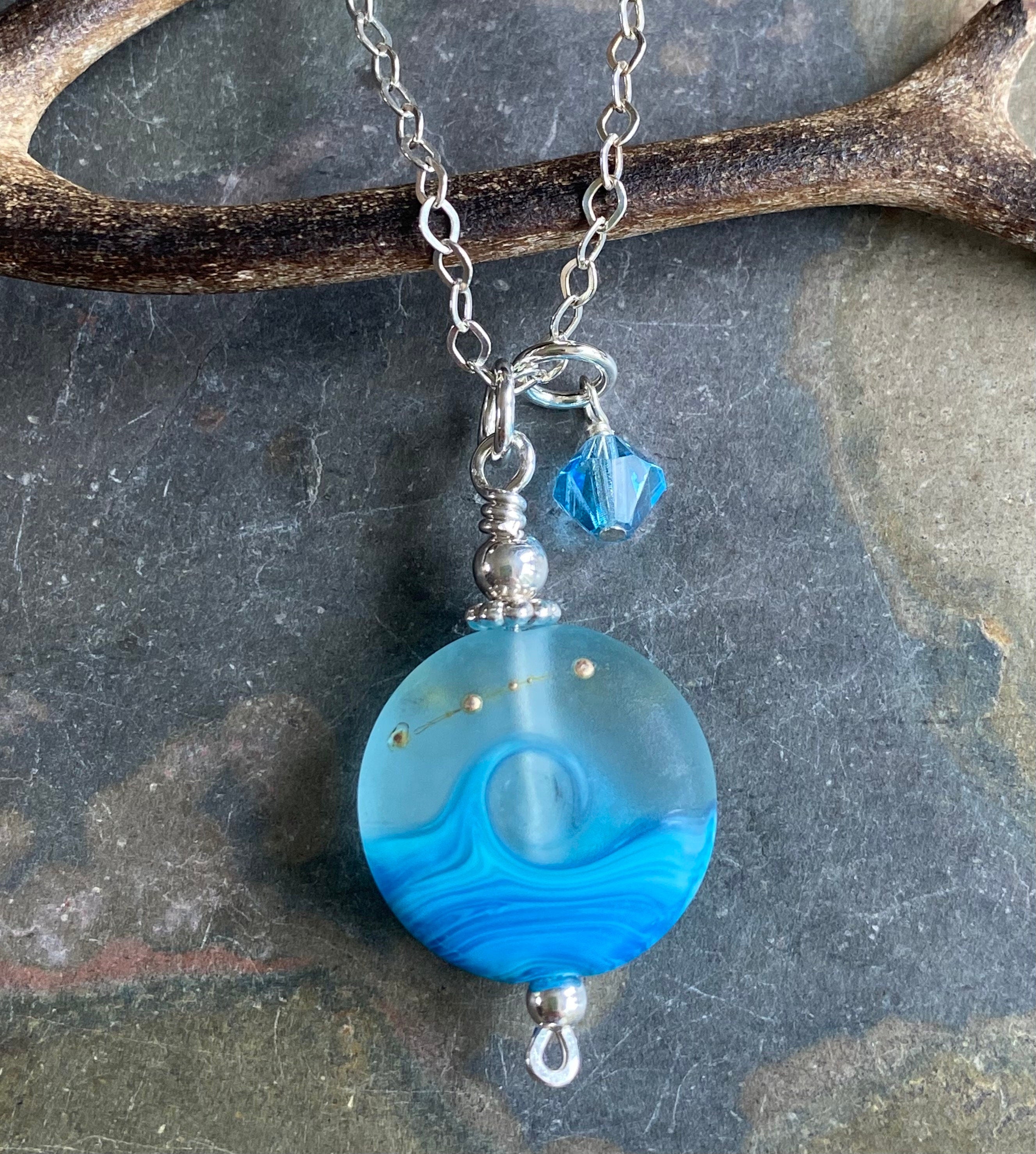 Beach Necklace, Ocean Wave Necklace in Sterling silver, Blue Ocean Wave Lampwork Glass Necklace, Blue Ocean Wave Glass  Necklace,