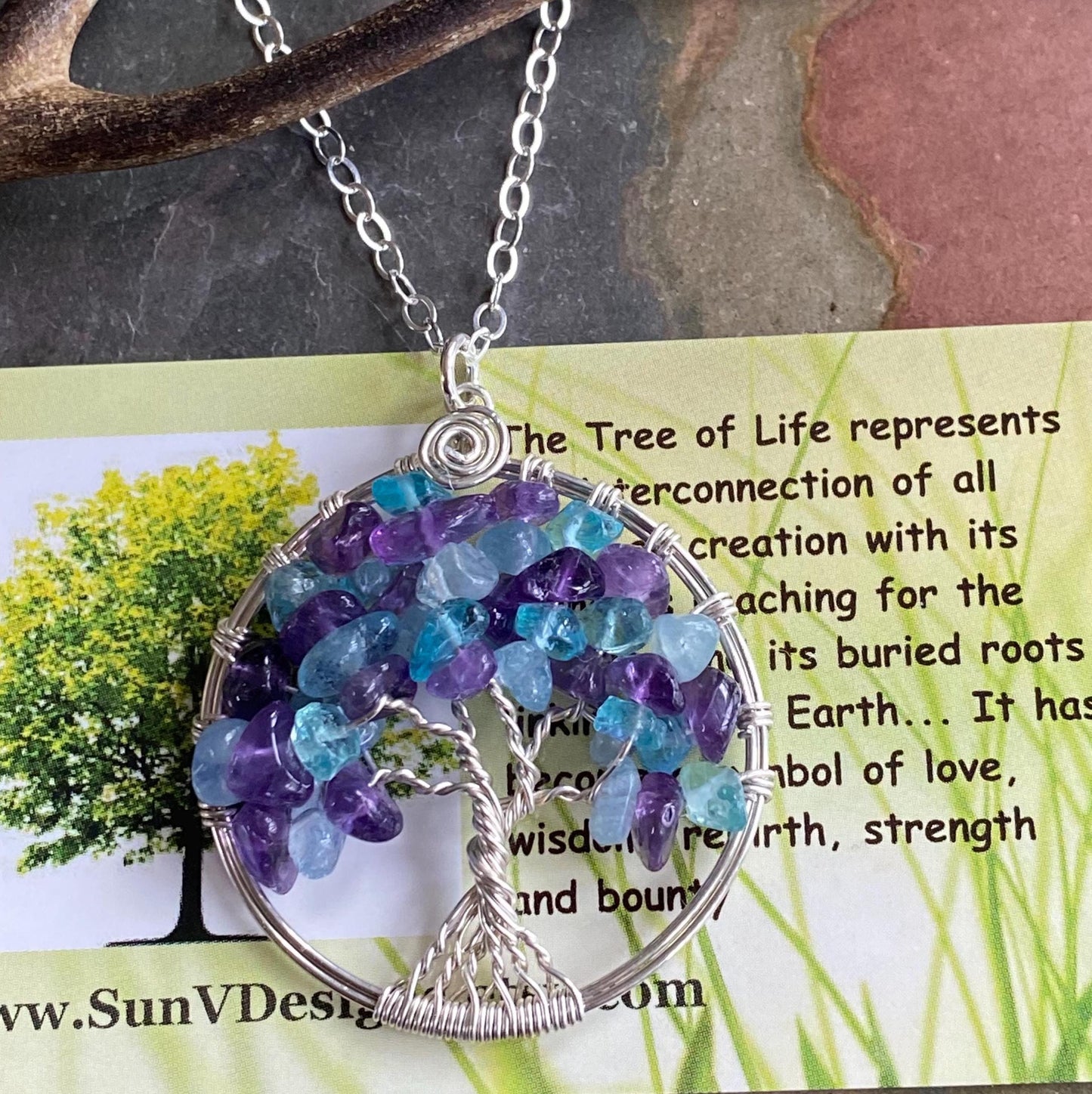 Birthstone Tree of Life necklace with amethyst and aquamarine, Amethyst and Aquamarine Tree of Life, Customizable Tree of Life necklace