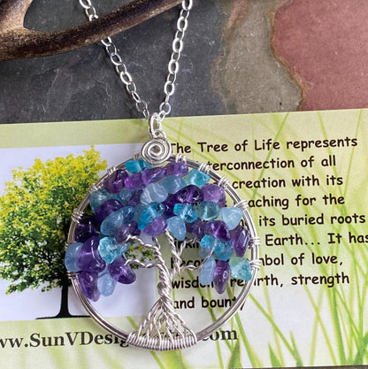 Birthstone Tree of Life necklace with amethyst and aquamarine, Amethyst and Aquamarine Tree of Life, Customizable Tree of Life necklace