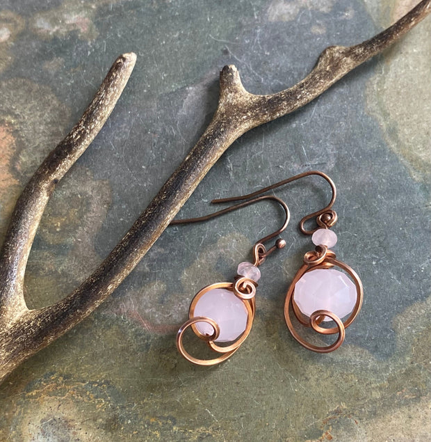 Rose Quartz Earrings, Wire Wrapped Rose Quartz Dangling/Drop Earrings in copper, Pink Rose Quartz dangle Earrings,  Rose Quartz Jewelry,