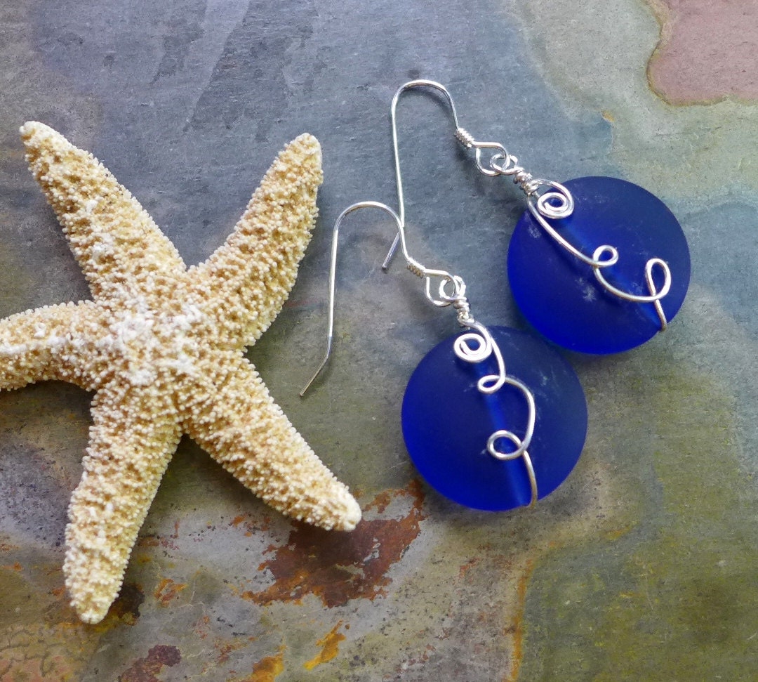 Swirly Cobalt Blue Sea Glass Earrings in Sterling Silver, Wired Cobalt Blue Sea Glass Earrings,Nautical Earrings,Blue Glass Dangle Earrings