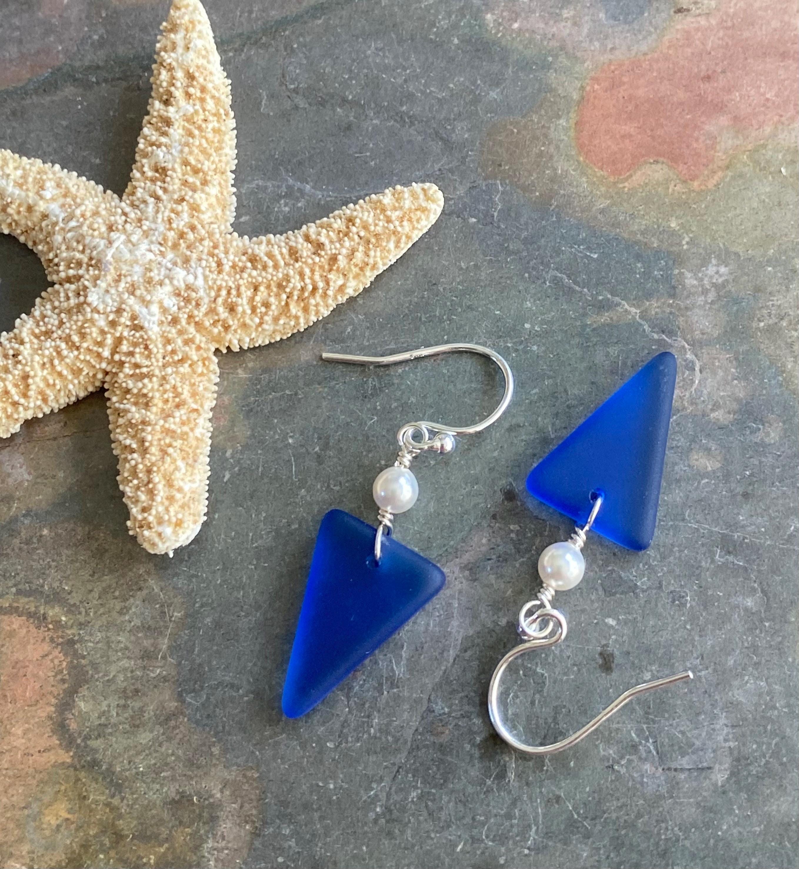 Blue Sea glass Triangle designed Earring in Sterling Silver, Wire Wrapped Sea Glass Earrings, Everyday Casual Dangling Blue Earrings,