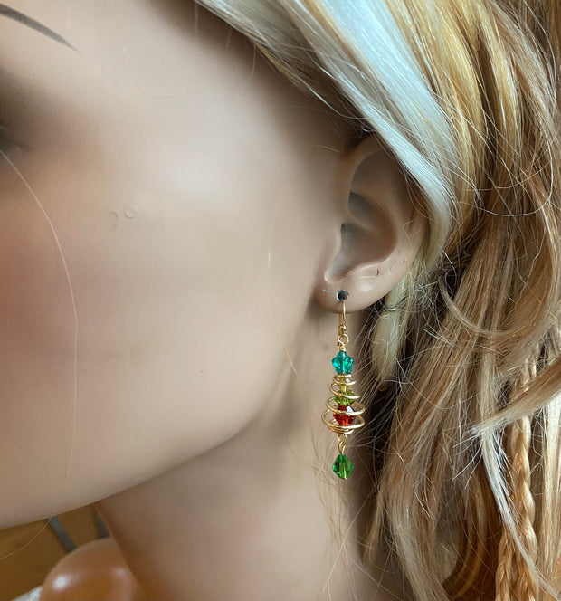 READY to  SHIP in 1 to 2  days, Christmas Tree Earrings, Wired Christmas Earrings, Swirled Christmas Tree dangling Earrings, Holiday jewelry