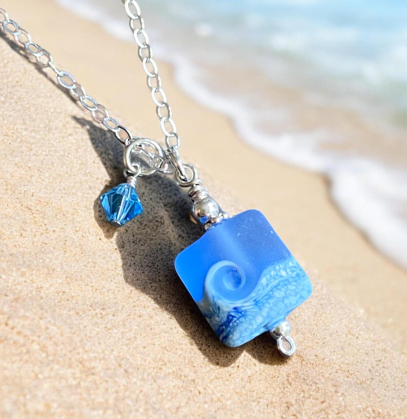 Ocean Beach Wave Necklace, Blue Beach Wave Necklace,Ocean Wave Lampwork Pendant, Beach Wave Jewelry, Blue Sea Glass Necklace sterling silver