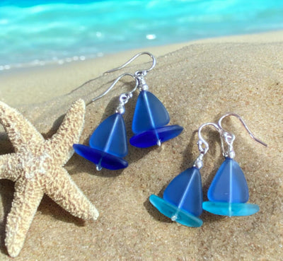 Light Sapphire Blue Sea Glass Earrings, STERLING SILVER Sailboat Sea Glass Earrings, Blue Sea Glass Earrings, Beach Weddings,, Sea glass