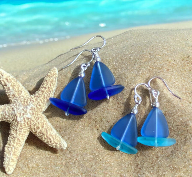 Light Sapphire Blue Sea Glass Earrings, STERLING SILVER Sailboat Sea Glass Earrings, Blue Sea Glass Earrings, Beach Weddings,, Sea glass