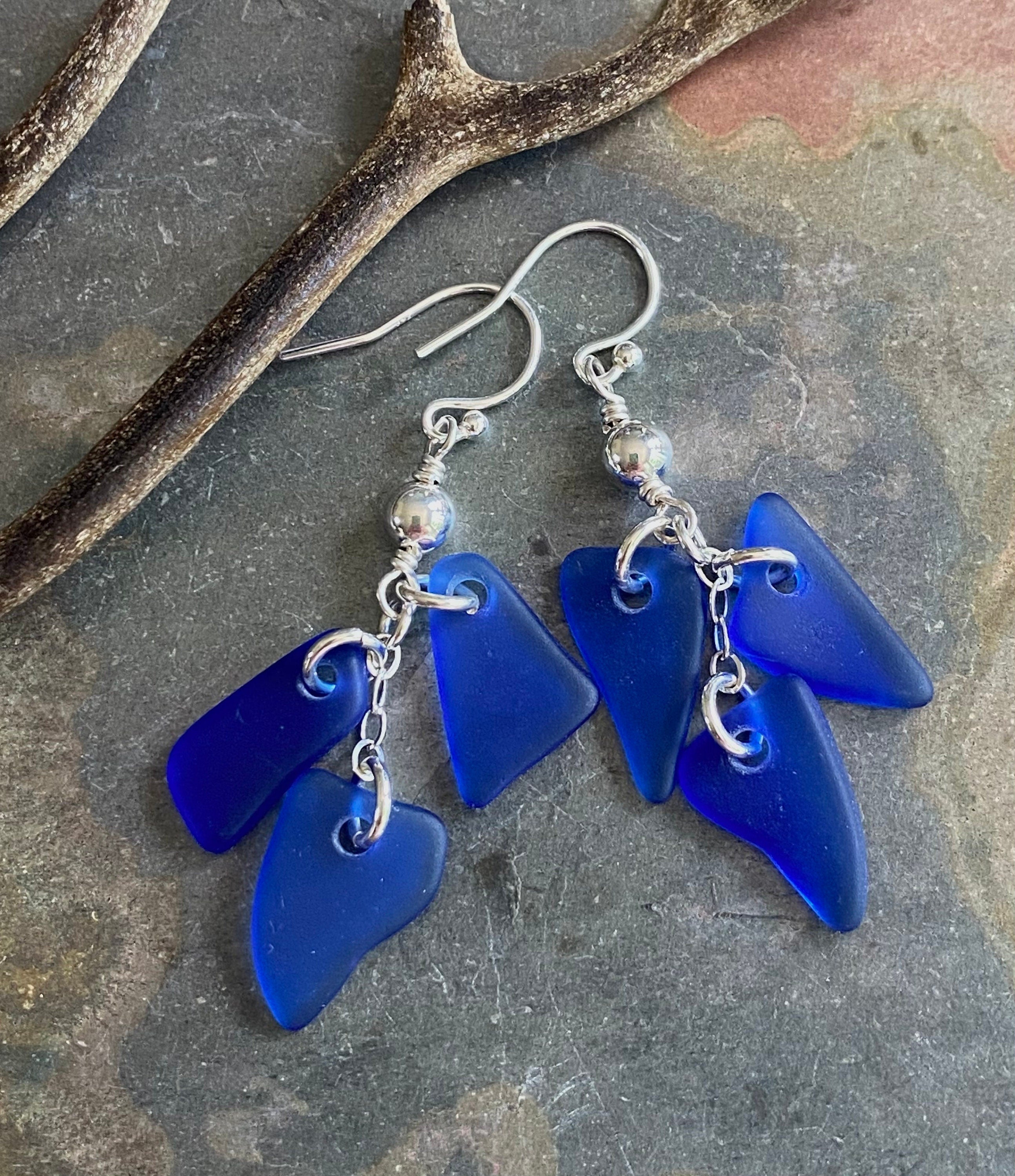 Blue Sea Glass Earrings in Sterling Silver, Cobalt Blue Sea Glass Dangling Earrings, Beach Wedding Jewelry, Coastal Ocean Inspired Jewelry