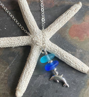 Dolphin Charm Sea Glass Necklace, Beach Glass Pendent with Dolphin charm Jewelry, Gift Idea for Ocean Theme Coastal Style Marine Jewelry