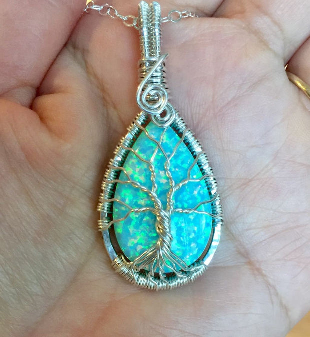 Aqua Blue Opal Necklace, Wire Wrapped Opal Tree of Life Necklace,