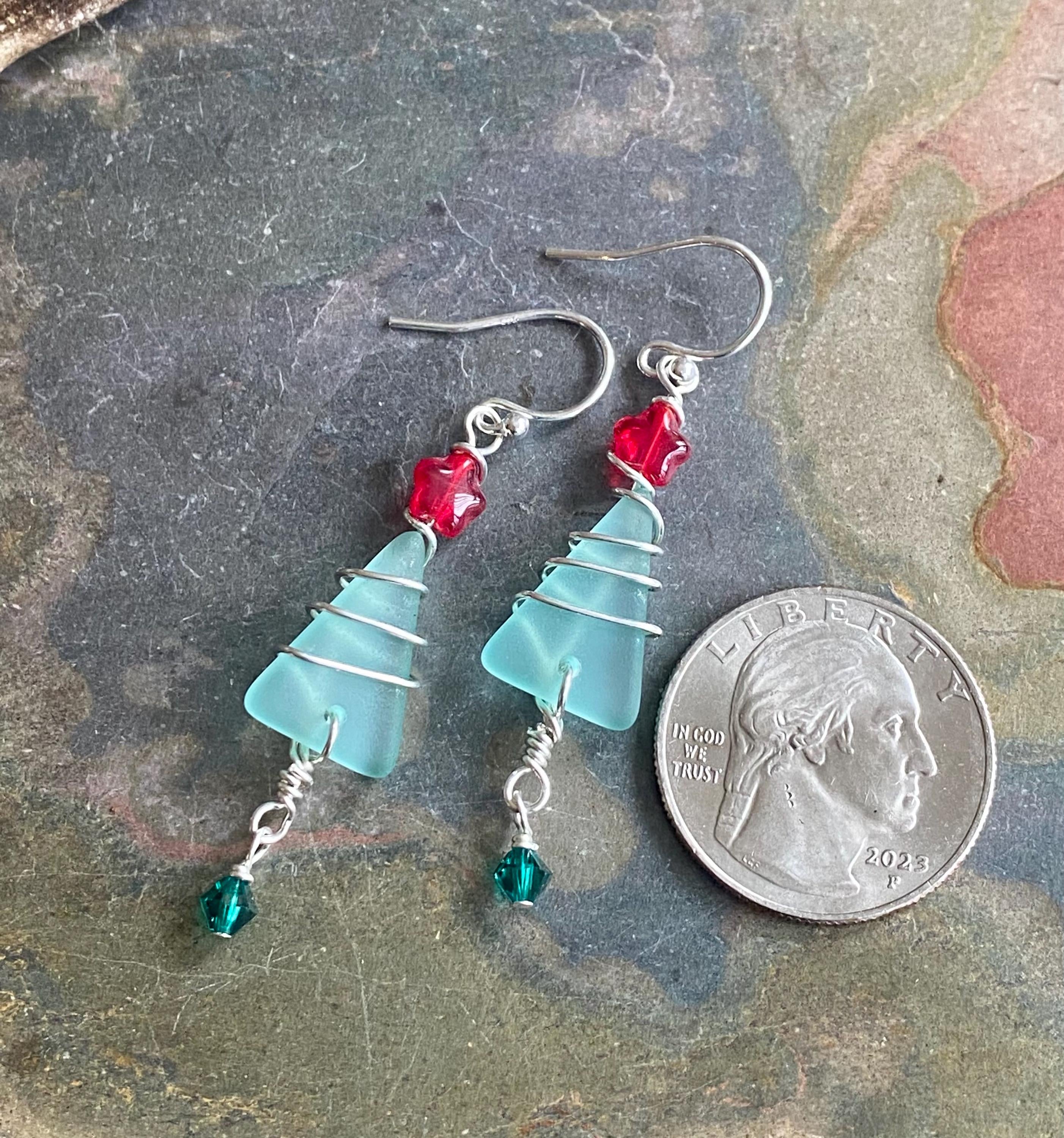 Christmas Tree Earrings, Sea Glass Christmas Dangle Earrings, Sterling Silver Holiday Christmas Earrings, Coastal Holiday Earrings