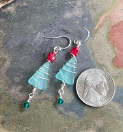 Christmas Tree Earrings, Seafoam Green Sea Glass Christmas Dangle Earrings,