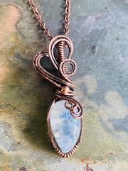 June Birthstone Pendant Necklace, Rainbow Moonstone Necklace,Wire Wrapped Moonstone Jewelry, Antiqued Copper Blue flashMoonstone Jewelry,